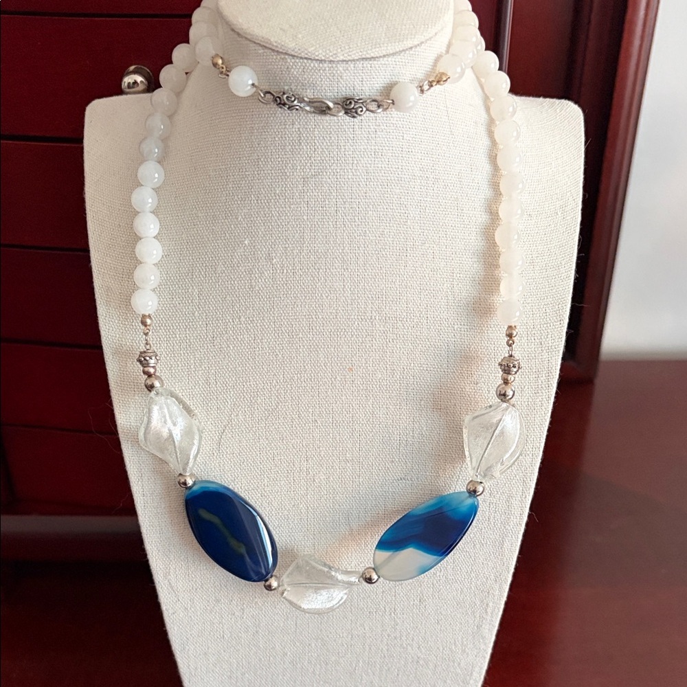 Blue Agate & White Glass Bead Necklace #414
